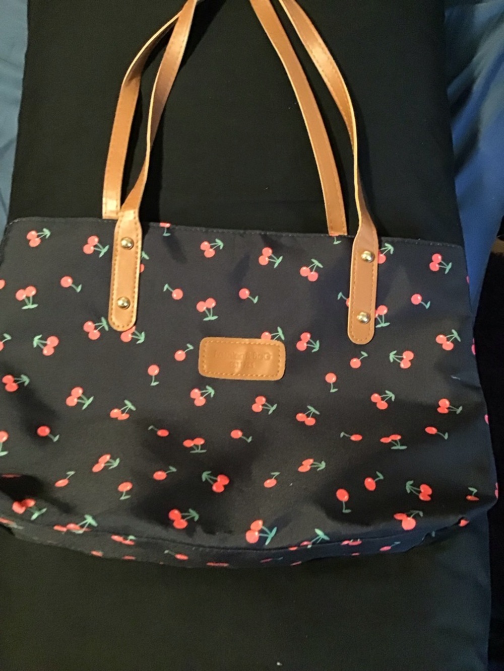 Black Cherry Print Tote Bag with Tan Handles
